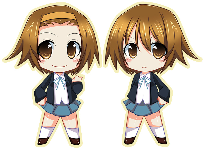 taigi akira, tainaka ritsu, k-on!, alternate hairstyle, brown eyes, brown hair, chibi, dual persona, hair down, hairband, school uniform, short hair