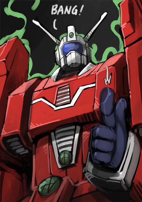 bittenhard, ideon, densetsu kyojin ideon, commentary, english commentary, armor, assault visor, aura, blue visor, english text, facing viewer, finger gun, mecha, mecha focus, pointing, pointing at viewer, radio antenna, red armor, robot, solo, super robot, upper body