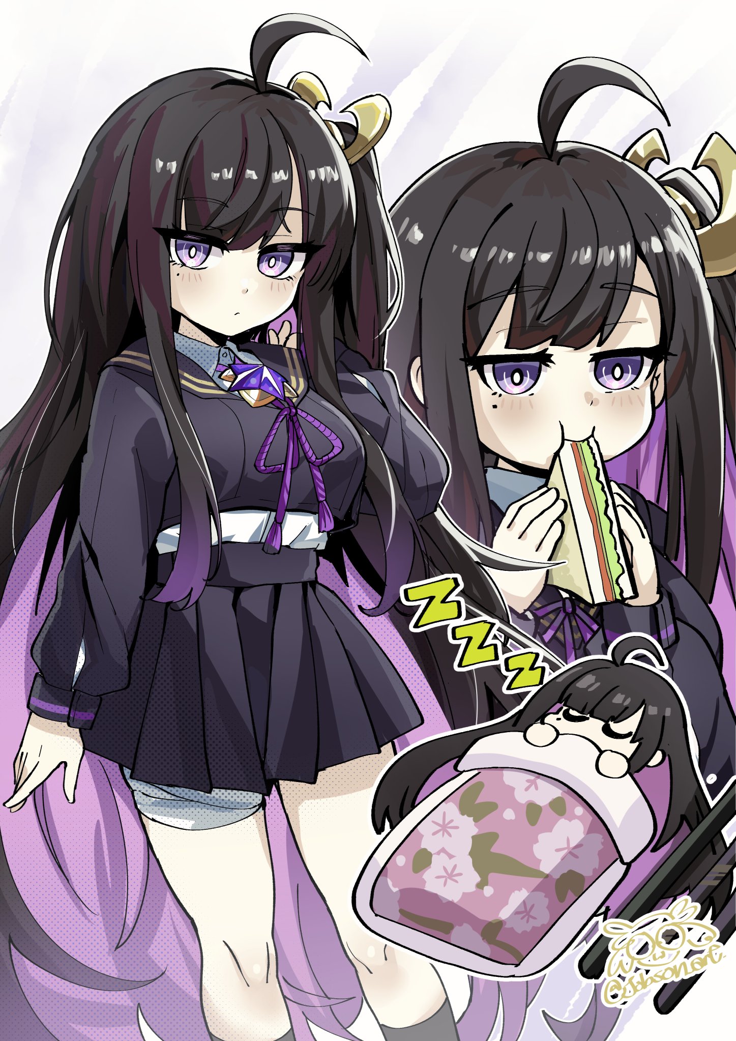 sleepyowl (jobkung15), chitose (stella sora), stella sora, commentary, highres, mixed-language commentary, 1girl, bandaged leg, bandages, black hair, black sailor collar, black serafuku, black shirt, black skirt, breasts, closed eyes, colored inner hair, eating, expressionless, food, holding, holding food, holding sandwich, long hair, looking at viewer, mole, mole under eye, multicolored hair, multiple views, one side up, pleated skirt, purple eyes, purple hair, purple ribbon, ribbon, sailor collar, sandwich, school uniform, serafuku, shirt, signature, skirt, sleeping, white shirt, zzz