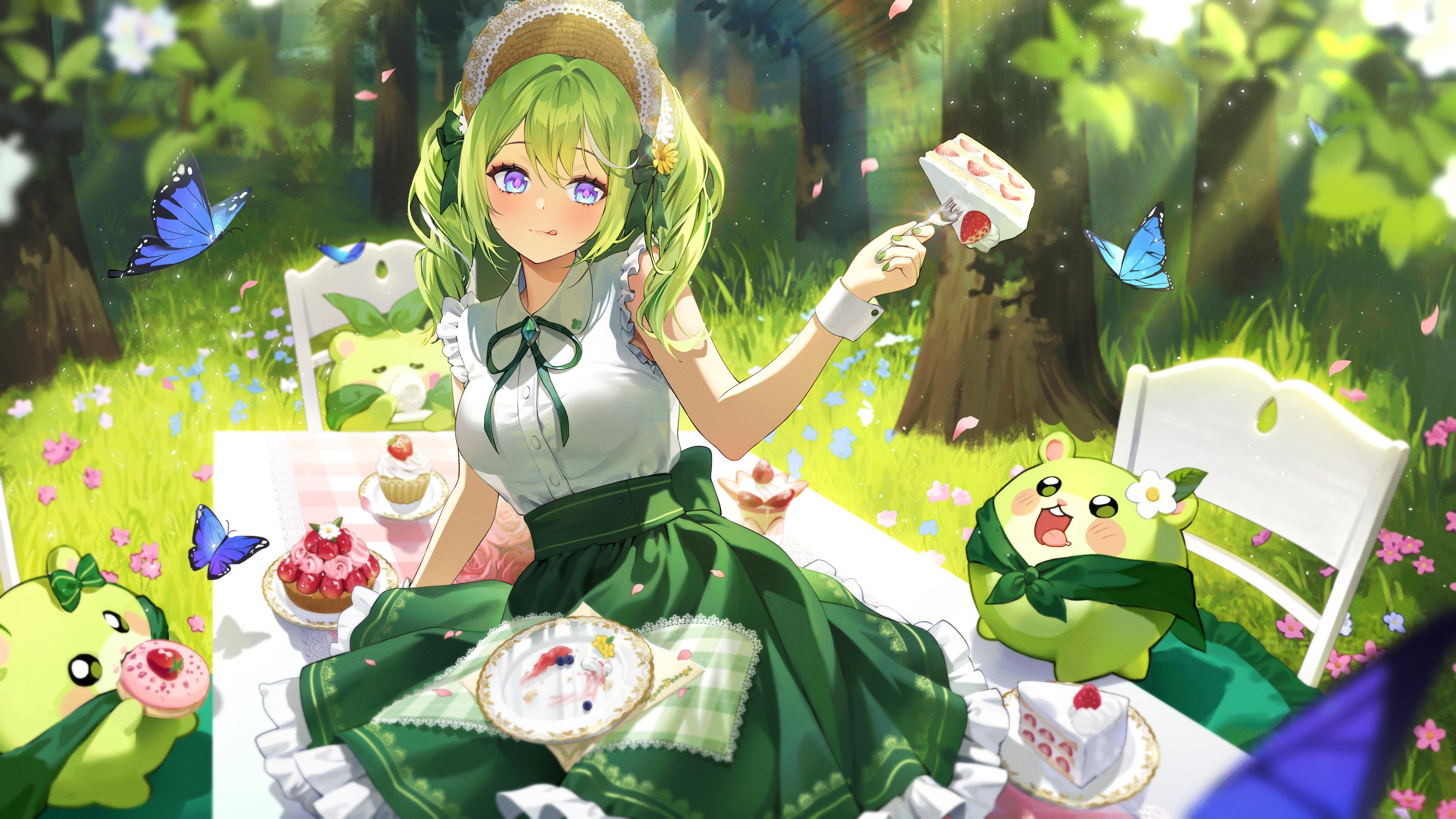 ayoni 623, chico (yuzuha riko), yuzuha riko, stellive, absurdres, highres, 1girl, blue butterfly, blue eyes, bonnet, brooch, bug, butterfly, cake, cake slice, cape, chair, closed mouth, collared shirt, creature, cup, cupcake, donut, dress shirt, drinking, eating, falling petals, flower, food, fork, frilled shirt, frilled skirt, frills, fruit, gem, gradient eyes, grass, green cape, green gem, green hair, green nails, green ribbon, green skirt, hair flower, hair ornament, hair ribbon, holding, holding cup, holding fork, insect, jewelry, multicolored eyes, multicolored hair, nail polish, neck ribbon, open mouth, outdoors, parfait, petals, plate, ribbon, shirt, sitting, sitting on table, skirt, sleeveless, sleeveless shirt, strawberry, streaked hair, table, tart (food), teacup, tongue, tongue out, tree, virtual youtuber, white hair, white shirt, wrist cuffs, yellow flower