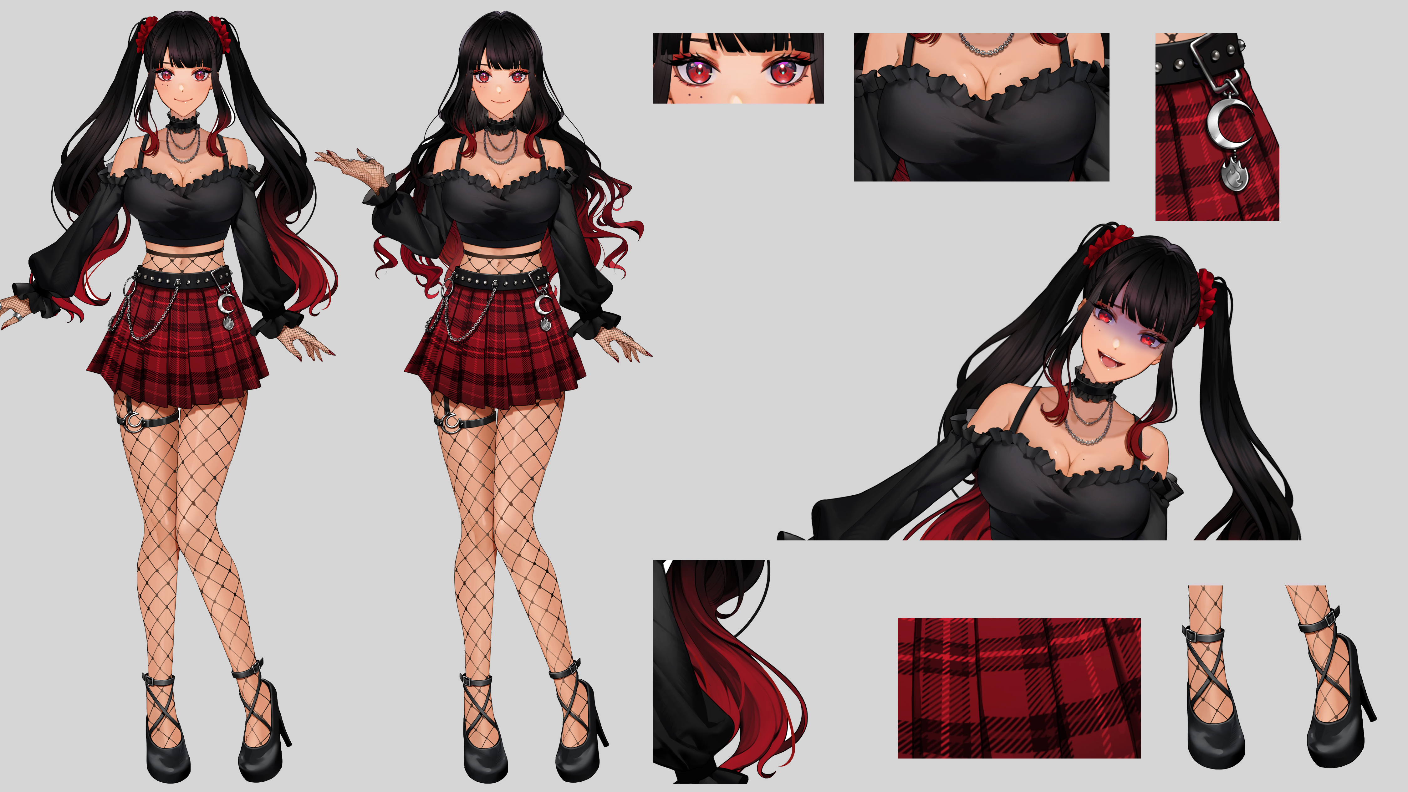 riz3, scarle yonaguni, scarle yonaguni (goth), nijisanji, nijisanji en, absurdres, highres, second-party source, 1girl, belt, black belt, black hair, black shoes, breasts, choker, cleavage, closed mouth, crop top, eyelashes, fishnet pantyhose, fishnets, frilled choker, frills, gradient hair, high heels, jewelry, long hair, mole, mole on breast, mole under eye, multicolored hair, multiple moles, navel, necklace, official alternate hairstyle, open mouth, pantyhose, plaid clothes, plaid skirt, pleated skirt, red eyes, red hair, red scrunchie, red skirt, reference sheet, scrunchie, shoes, skirt, smile, twintails, virtual youtuber