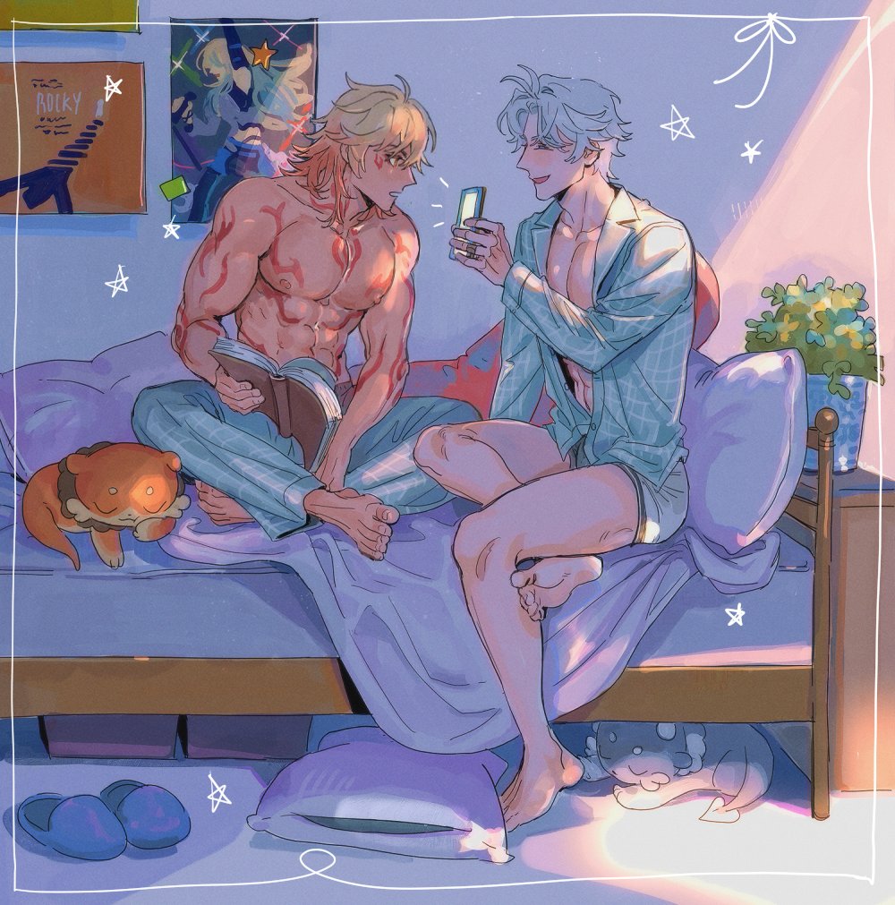 bunnyclvb, chimera (honkai: star rail), mydei (fig stew) (honkai: star rail), mydei (honkai: star rail), phainon (honkai: star rail), phainon (vigethos) (honkai: star rail), serval landau, honkai: star rail, honkai (series), 2boys, abs, alternate costume, arm tattoo, barefoot, bed, bed sheet, bedroom, blue pajamas, blue pants, blue shirt, book, boxers, cellphone, chest tattoo, closed eyes, collared shirt, facial tattoo, from side, full body, grey male underwear, hand up, holding, holding book, holding phone, indian style, indoors, long sleeves, looking at screen, male focus, male underwear, multiple boys, nipples, notice lines, on bed, open book, open clothes, open mouth, open shirt, pajamas, pants, parted bangs, phone, pillow, plaid clothes, plaid pants, plaid shirt, plant, poster (object), potted plant, profile, red tattoo, shirt, short hair, sitting, slice of life, slippers, smartphone, smile, star (symbol), tattoo, toned, toned male, topless male, underwear, unworn slippers, white hair