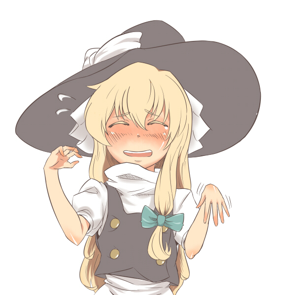 kouzilow, kirisame marisa, touhou, 1girl, blush, female focus, hat, simple background, solo, upper body, white background, witch, witch hat
