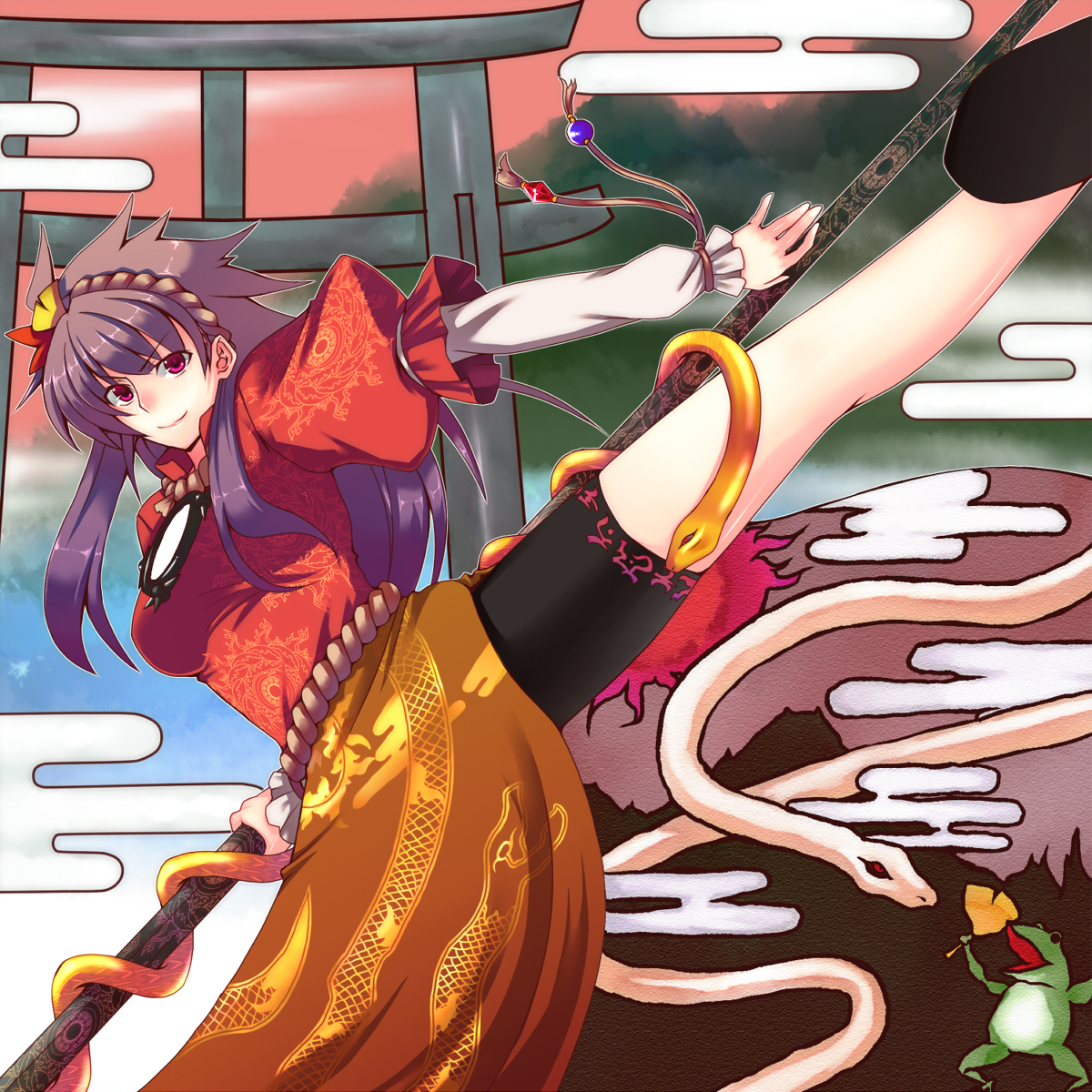saemon (tonpura), yasaka kanako, touhou, highres, 1girl, alternate hair length, alternate hairstyle, female focus, frog, hair ornament, kicking, leaf hair ornament, long hair, polearm, purple hair, red eyes, rope, snake, solo, weapon