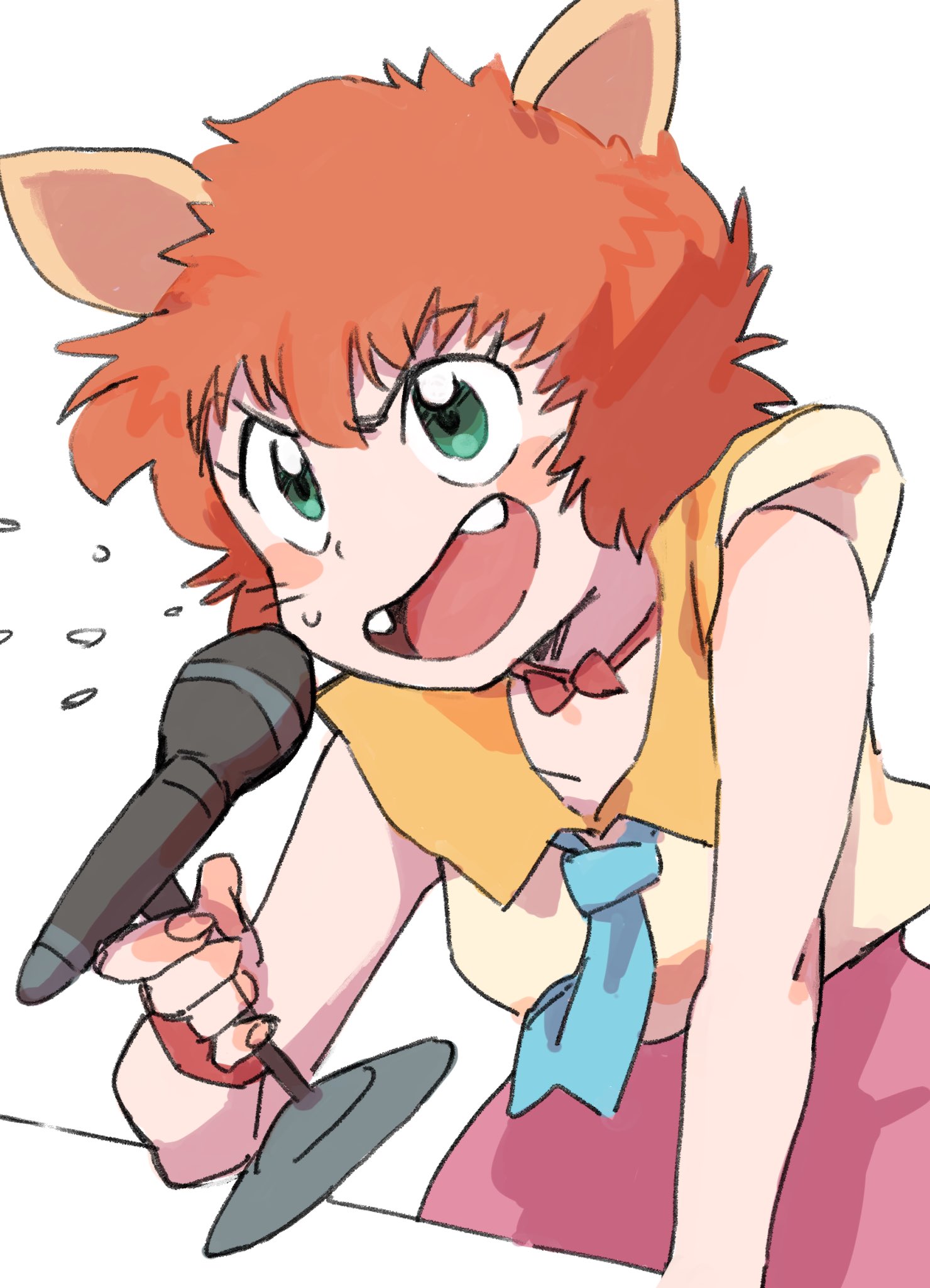 gan2, koto (yu yu hakusho), yuu yuu hakusho, highres, 1girl, animal ears, aqua eyes, blue necktie, bow, bow choker, choker, collarbone, facial mark, fangs, fox ears, fox girl, holding, holding microphone, microphone, necktie, open mouth, orange hair, red bow, red choker, shirt, short hair, short necktie, simple background, sleeveless, sleeveless shirt, solo, spitting, square-end necktie, v-shaped eyebrows, whisker markings, white background, white shirt, wristband