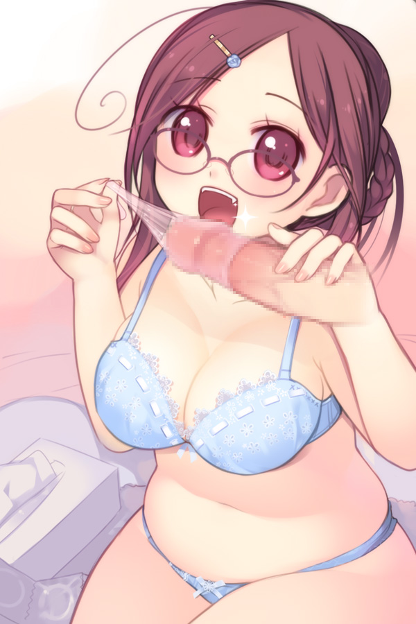 kashiwamochi yomogi, arima senne, original, bad id, bad pixiv id, 1girl, blue bra, blue panties, bow, bow bra, bow panties, bra, braid, breasts, brown eyes, brown hair, censored, cleavage, condom, condom on penis, disembodied penis, fang, glasses, hair ornament, hairpin, lace, lace-trimmed bra, lace trim, large breasts, lingerie, mosaic censoring, panties, penis, plump, solo focus, underwear, underwear only