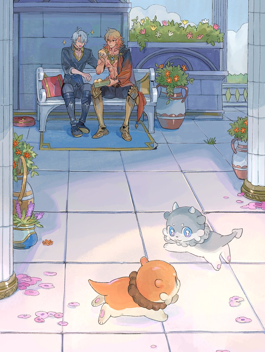 bunnyclvb, chimera (honkai: star rail), mydei (fig stew) (honkai: star rail), mydei (honkai: star rail), phainon (honkai: star rail), phainon (vigethos) (honkai: star rail), honkai: star rail, honkai (series), commentary, english commentary, 2boys, antenna hair, armor, armored boots, bench, black boots, black choker, black pants, blonde hair, blue eyes, boots, cape, chest tattoo, choker, closed mouth, day, flower, food, gold armor, hair between eyes, hand up, holding, holding food, jewelry, knee boots, looking at another, looking at food, male focus, medium hair, multiple boys, necklace, on bench, open mouth, pants, parted bangs, pavement, petals, pillar, pink flower, plant, popped collar, potted plant, purple flower, red cape, red eyes, red flower, red tattoo, short hair, side cape, sitting, smile, sparkle, tattoo, toned, toned male, white flower, white hair, wide shot, yellow flower