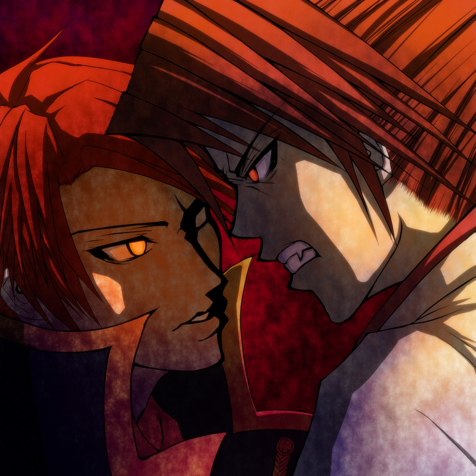 tekijira, ushiromiya battler, umineko no naku koro ni, highres, 2boys, dark persona, dual persona, eye contact, looking at another, multiple boys, red eyes, red hair, yellow eyes