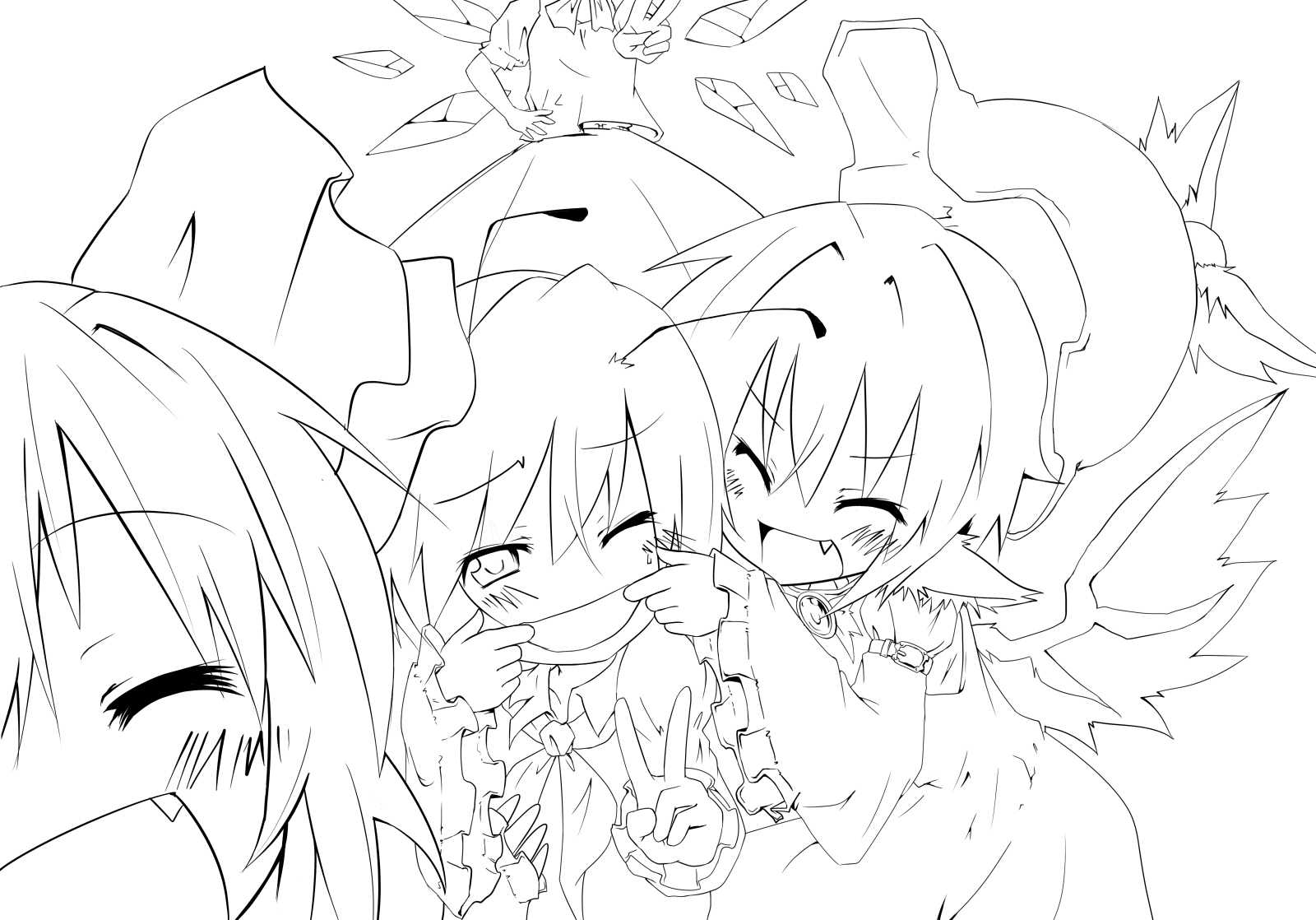 kuroneko no toorimichi, cirno, mystia lorelei, rumia, wriggle nightbug, touhou, highres, adapted costume, greyscale, lineart, monochrome, team 9 (touhou)