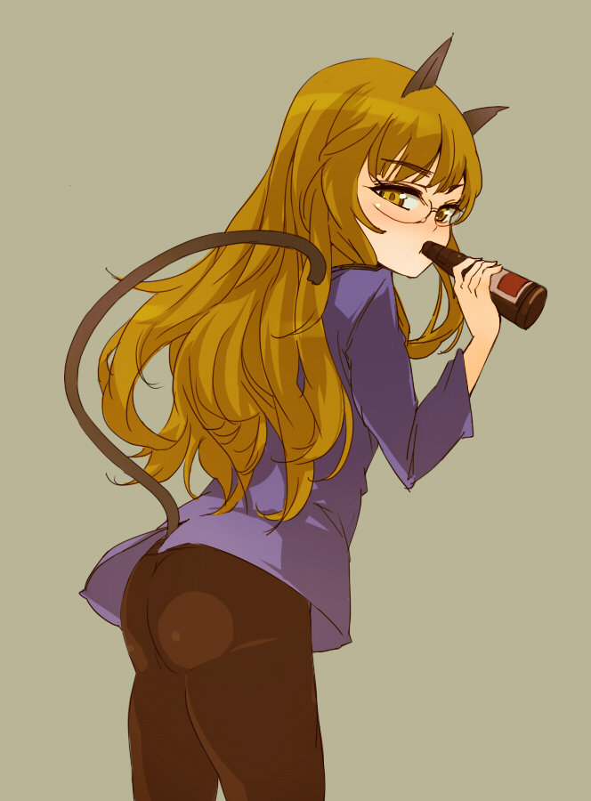 mune, perrine h. clostermann, strike witches, world witches series, uniform, 1girl, alcohol, animal ears, ass, beer, blonde hair, blush, drunk, female focus, glasses, long hair, panties, panties under pantyhose, pantyhose, solo, tail, underwear, yellow eyes