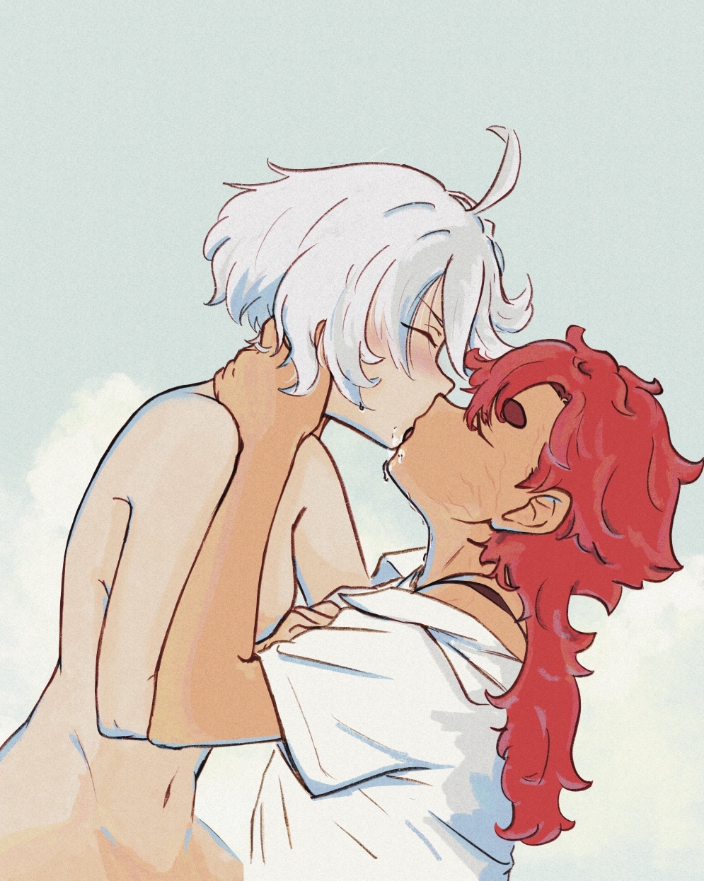 yamashimizusui, miorine rembran, suletta mercury, gundam, gundam suisei no majo, 2girls, ahoge, bra strap, closed eyes, clothed female nude female, french kiss, kiss, long hair, multiple girls, navel, nude, red hair, saliva, scar, scar on face, shirt, short hair, simple background, thick eyebrows, undressing another, white hair, white shirt, yuri