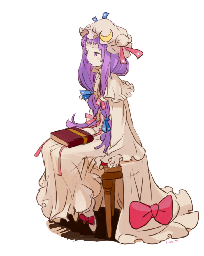 iwamoto zerogo, patchouli knowledge, touhou, 1girl, book, female focus, hat, long hair, purple eyes, purple hair, sitting, solo