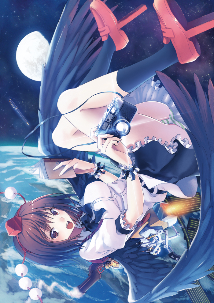 kitiroku, shameimaru aya, touhou, 1girl, brown hair, camera, earth (planet), female focus, gears, geta, hat, looking at viewer, moon, notebook, open mouth, panties, pantyshot, pen, planet, short hair, smile, solo, striped clothes, striped panties, tengu-geta, tokin hat, underwear, upside-down, wings, wrist cuffs