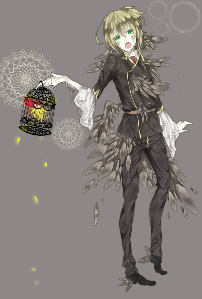 rei (x829), kagamine len, vocaloid, artist request, bad id, bad pixiv id, 1boy, bird, blonde hair, cage, feathers, full body, green eyes, male focus, solo, wings