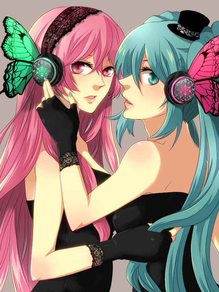 hinase kei, hinasekei, hatsune miku, megurine luka, magnet (vocaloid), vocaloid, bad id, bad pixiv id, 2girls, aqua eyes, aqua hair, butterfly hair ornament, butterfly wings, dress, fingerless gloves, gloves, hair ornament, hat, headphones, insect wings, lips, long hair, mini hat, mini top hat, multiple girls, pink eyes, pink hair, top hat, twintails, very long hair, wings, yuri