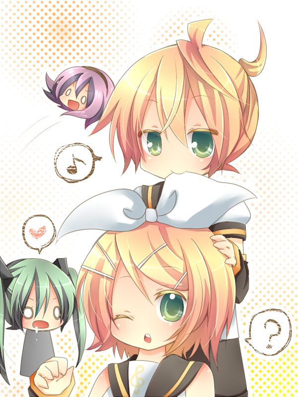 horon, hatsune miku, kagamine len, kagamine rin, megurine luka, takoluka, vocaloid, bad id, bad pixiv id, 0 0, 1boy, 2girls, ?, blonde hair, blush, bow, chibi, green eyes, hair bow, hair ornament, hairpin, heart, multiple girls, musical note, o o, saliva, short hair, siblings, twins, twintails
