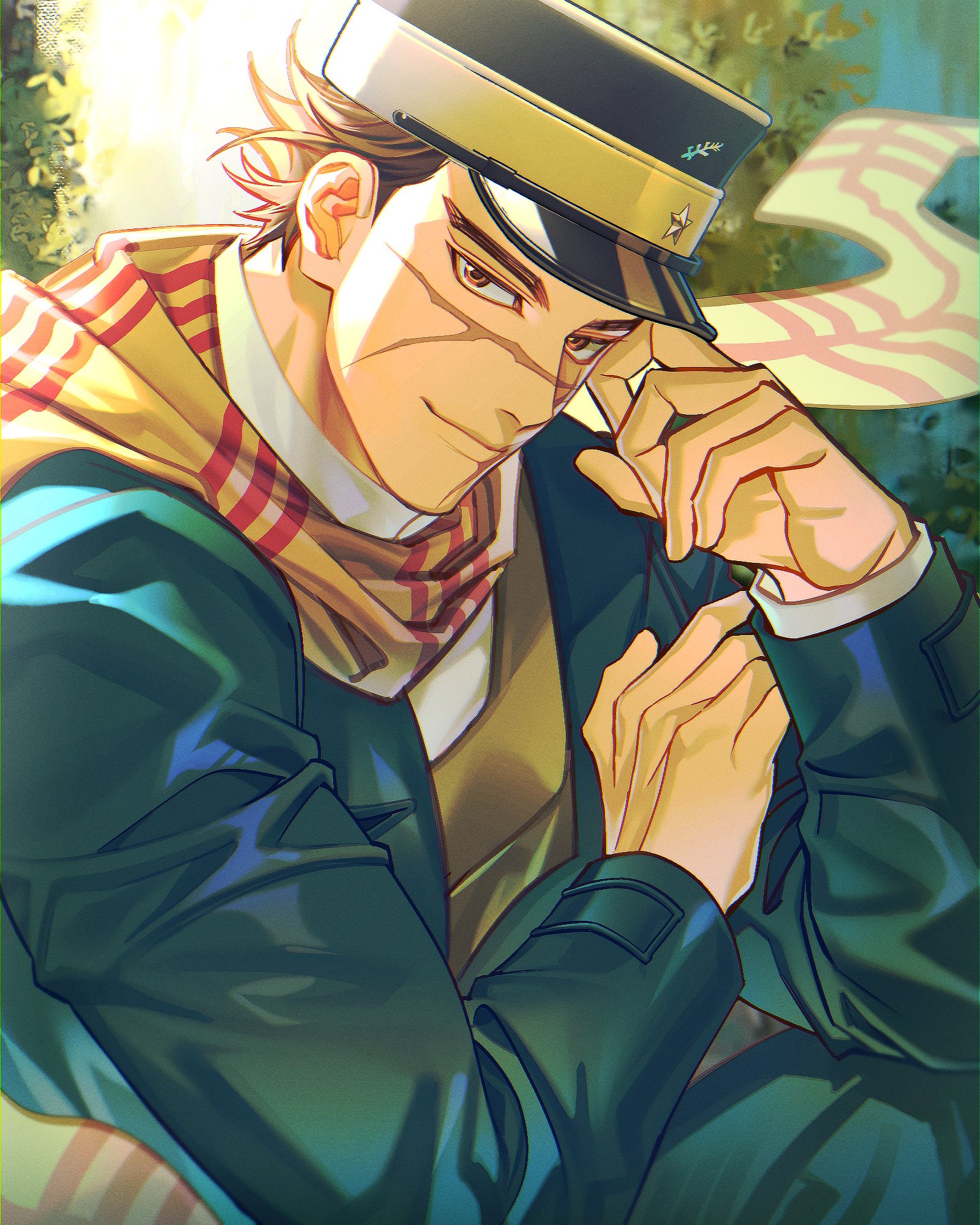 rakkonabe, sugimoto saichi, golden kamuy, commentary request, highres, korean commentary, 1boy, black hair, black hat, brown eyes, closed mouth, coat, hat, long sleeves, looking at viewer, male focus, outdoors, scarf, solo, striped clothes, striped scarf, upper body, yellow scarf