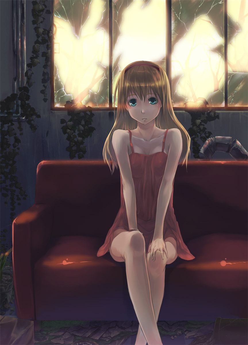 akino komichi, original, bad id, bad pixiv id, highres, 1girl, blonde hair, blue eyes, chemise, couch, female focus, green eyes, hairband, lips, ruins, sitting, solo