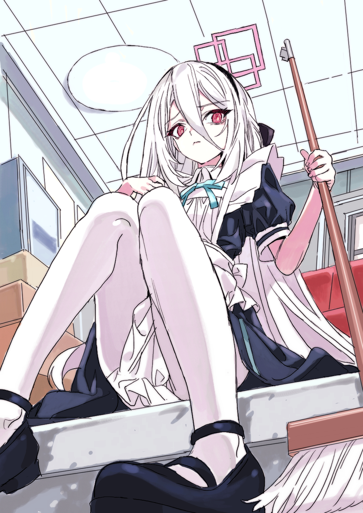nobita (makoto7060355), kei (blue archive), kei (new body) (blue archive), blue archive, highres, 1girl, @ @, apron, black dress, broom, couch, dress, holding, holding broom, indoors, long hair, looking down, pantyhose, puffy short sleeves, puffy sleeves, red eyes, short sleeves, sitting, solo, white apron, white hair, white pantyhose