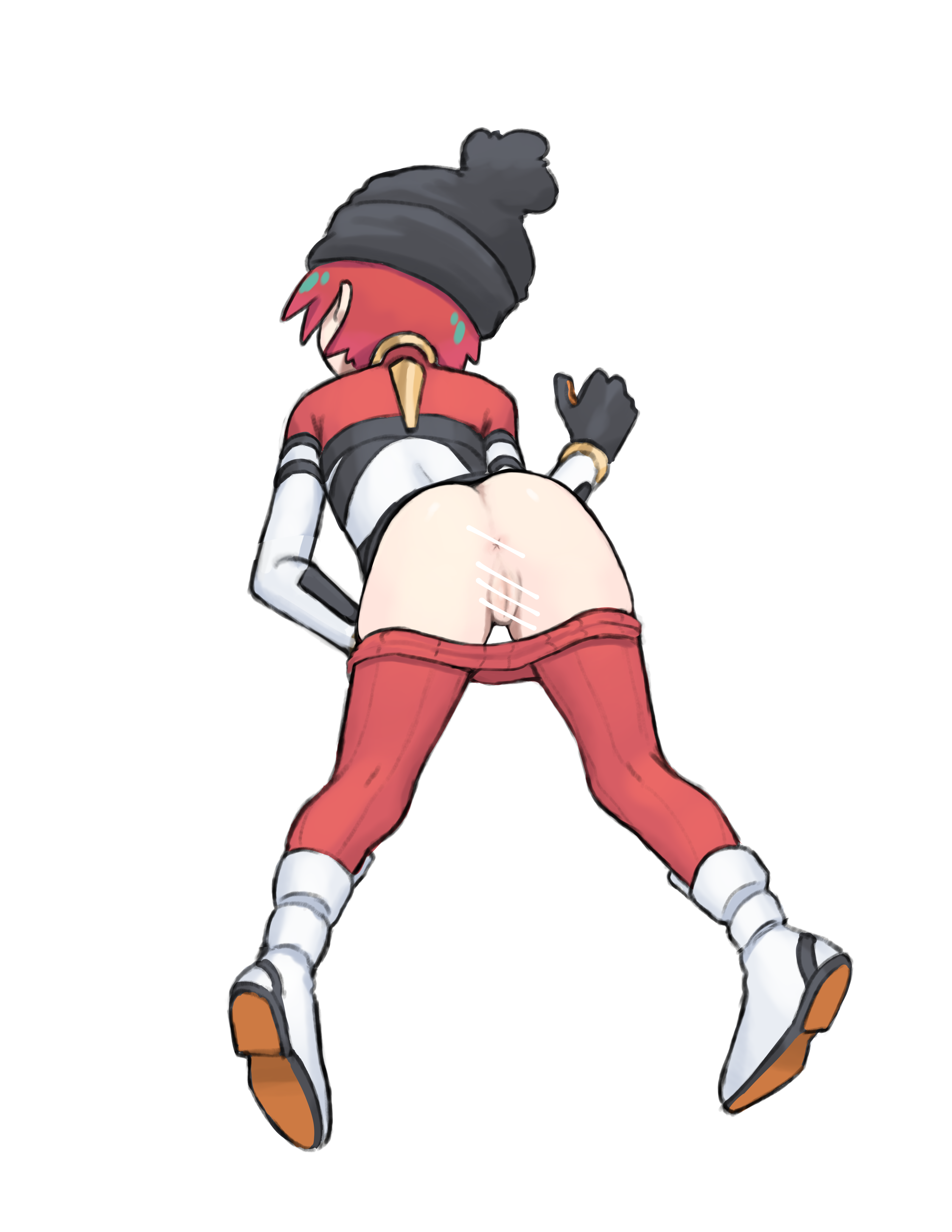 sanban (artist), amate yuzuriha, gundam, gundam gquuuuuux, 1girl, ass, back, beanie, green hair, hat, mecha pilot suit, multicolored hair, normal suit (gundam), red hair, short hair, undressing