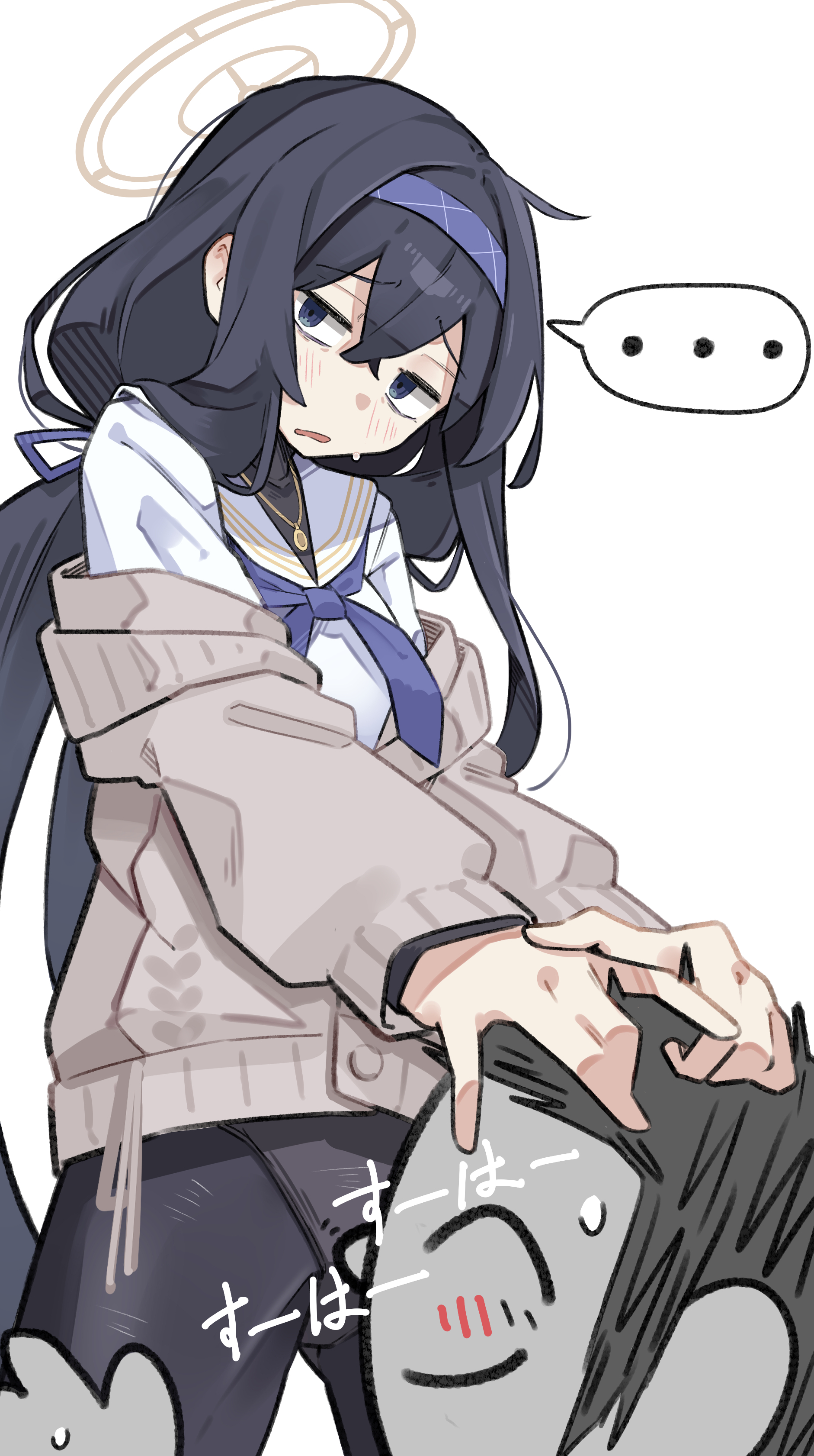sattinittas, doodle sensei (blue archive), sensei (blue archive), ui (blue archive), blue archive, absurdres, commentary request, highres, …, 1boy, 1girl, bags under eyes, black hair, black pantyhose, blue eyes, blue hairband, blue neckerchief, cardigan, grey cardigan, hairband, halo, hands on another's head, hetero, long hair, looking at viewer, neckerchief, panties, panties under pantyhose, pantyhose, parted lips, sailor collar, school uniform, serafuku, smelling, smelling pussy, spoken ellipsis, underwear, white sailor collar