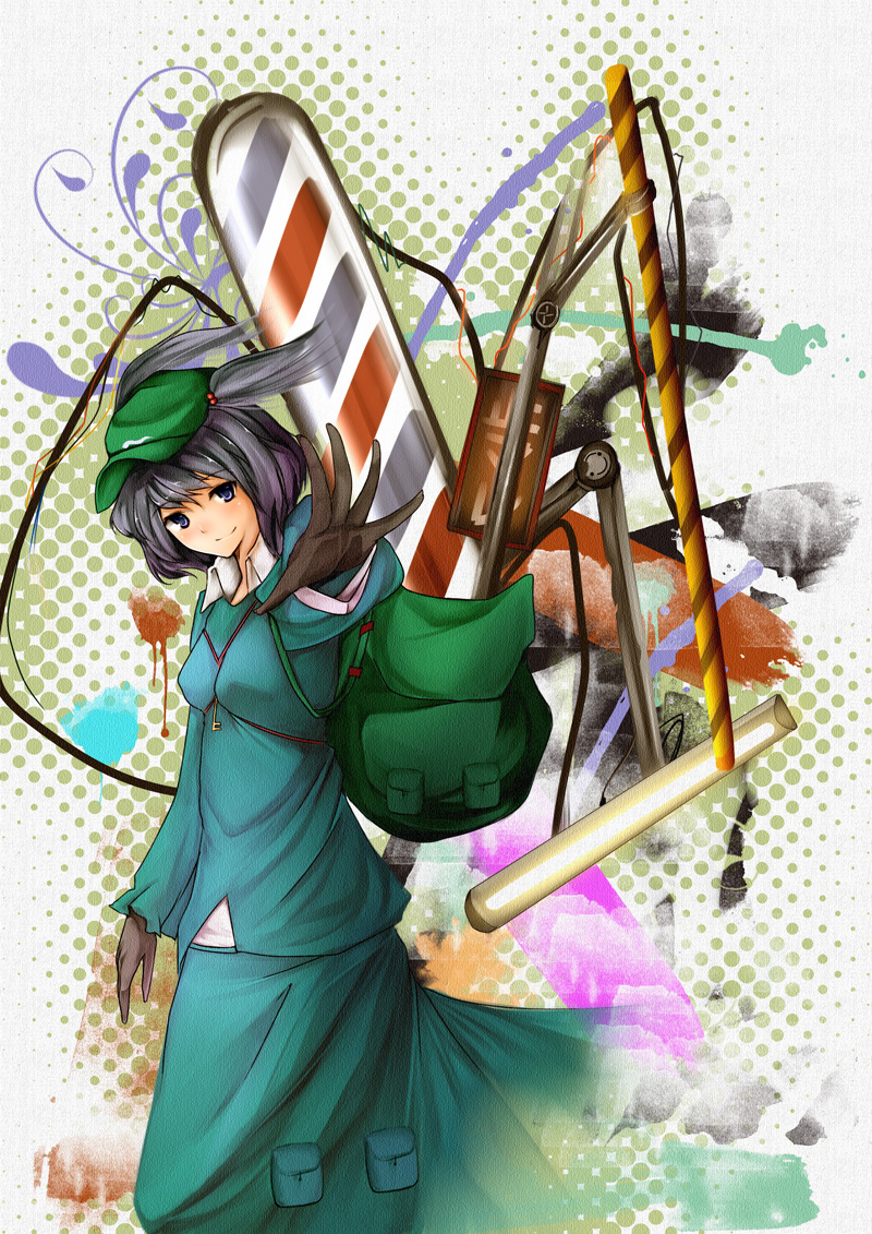 metalwasabi, kawashiro nitori, touhou, bad id, bad pixiv id, 1girl, backpack, bag, blue dress, chainsaw, dress, expressionless, female focus, flat cap, hat, holding, long sleeves, looking at viewer, solo, two side up