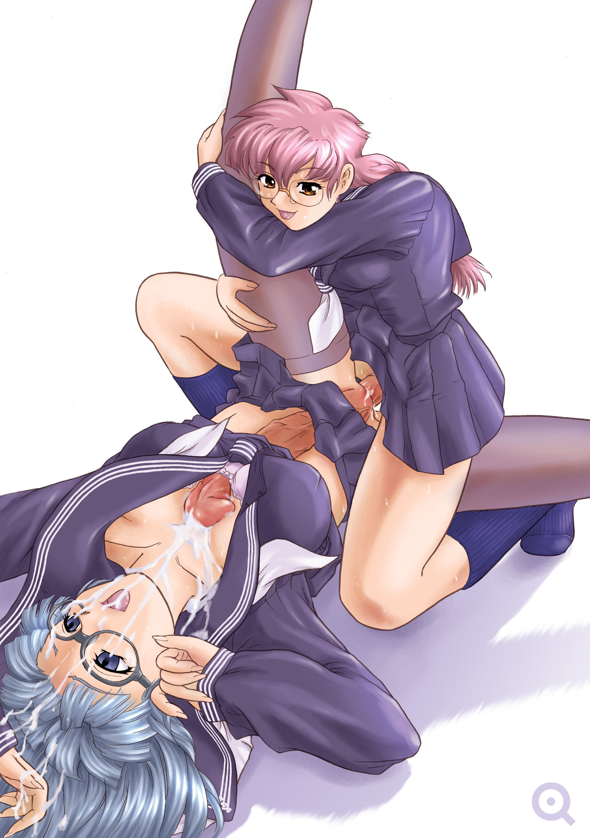 behind moon, kiyose aoi, kuroki momoe, dulce report, absurdres, highres, 2futa, autopaizuri, blue hair, bra, breasts, bulge, cum, cum in pussy, cum on body, ejaculation, erection, erection under clothes, futa with futa, futanari, glasses, large penis, masturbation, missionary, multiple futa, no panties, paizuri, paizuri under clothes, penis, pink hair, school uniform, serafuku, sex, skirt, socks, thighhighs, uncensored, underwear, vaginal, veins, veiny penis