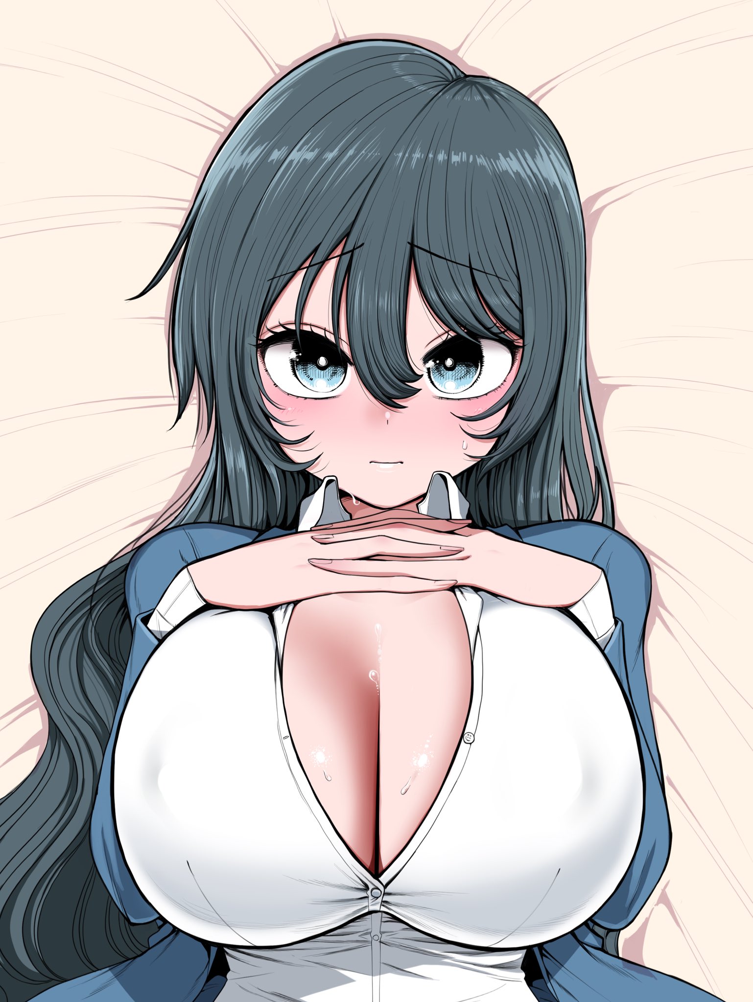 zurikishi, commentary request, highres, 1girl, black eyes, black hair, blue jacket, blush, breasts, bursting breasts, cleavage, covered erect nipples, hair between eyes, hands on own chest, huge breasts, jacket, long hair, long sleeves, looking at viewer, office lady, open clothes, open jacket, shirt, solo, sweat, unbuttoned, unbuttoned shirt, white shirt