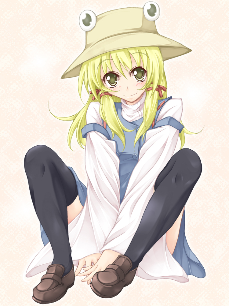 lozelia, moriya suwako, touhou, 1girl, black thighhighs, female focus, full body, hat, short hair, solo, thighhighs, yellow eyes
