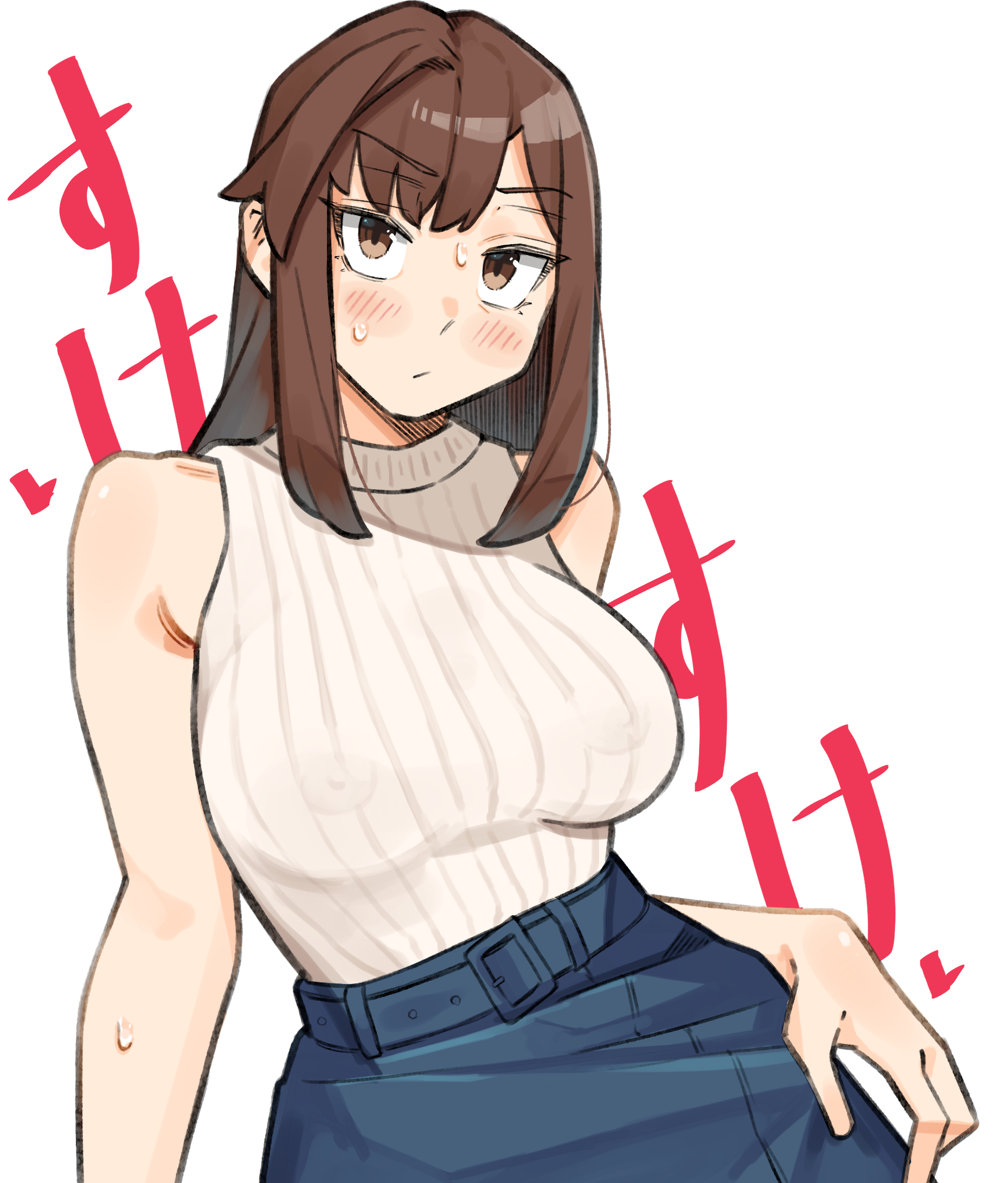 sattinittas, kotobuki hisako, seitokai ni mo ana wa aru!, commentary request, highres, 1girl, belt, belt skirt, blush, breasts, brown eyes, brown hair, covered erect nipples, large breasts, long hair, ribbed sweater, see-through clothes, sleeveless, solo, sweat, sweater, white background