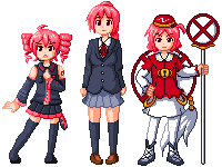 kasane teto, kasane teto (utau), kawashiro mitori, miura akane (2ch), k-on!, original, touhou, utau, vocaloid, lowres, 3girls, boots, crossover, drill hair, lace-up boots, layered sleeves, multiple crossover, multiple girls, parody, pink hair, pixel art, red eyes, school uniform, thighhighs, trait connection, twin drills, twintails