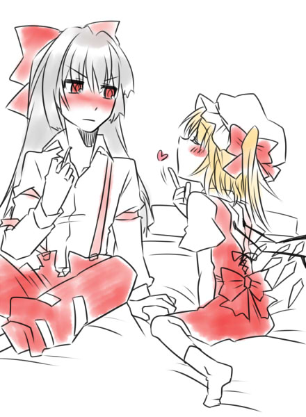 tacho, flandre scarlet, fujiwara no mokou, touhou, 2girls, bed, blush, cigarette, closed eyes, female focus, hat, heart, multiple girls, sitting, yuri