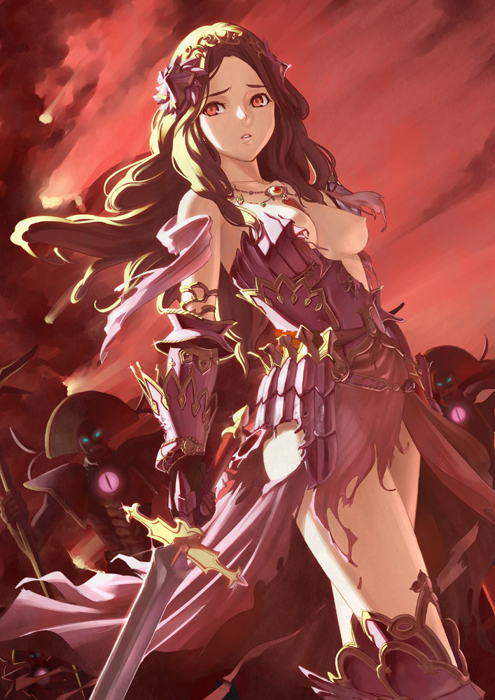tan taka, freia (reginleiv), freyja (reginleiv), zangeki no reginleiv, 1girl, armor, armored dress, breasts, brown hair, dress, gloves, hair ornament, long hair, nipples, no bra, parted lips, pink theme, red eyes, red sky, robot, sky, sword, torn clothes, weapon