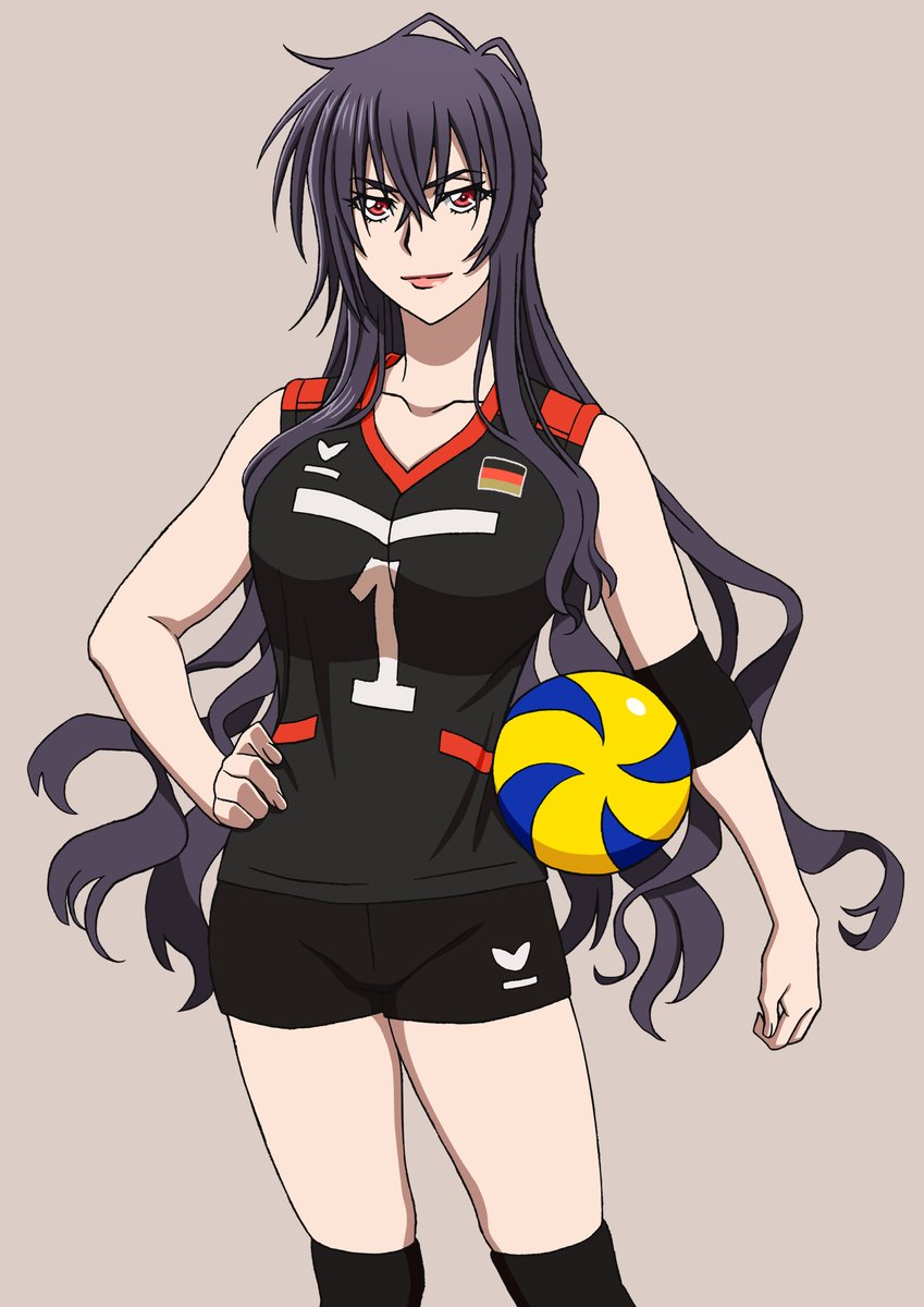 harasyu1, beatrix bremer, muv-luv, muv-luv alternative, schwarzesmarken, commentary request, highres, translation request, 1girl, ball, black hair, black shirt, black shorts, breasts, brown background, collarbone, contrapposto, elbow brace, german flag, hair between eyes, hand on own hip, holding, knee brace, large breasts, long hair, looking at viewer, red eyes, shirt, short shorts, shorts, sidelocks, simple background, sleeveless, sleeveless shirt, smile, solo, sportswear, standing, very long hair, volleyball, volleyball uniform