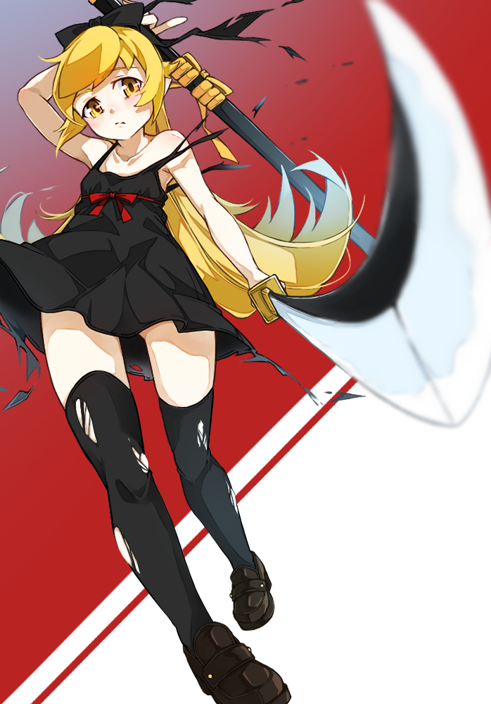 gonza (gonzares910), oshino shinobu, monogatari (series), original, commentary, hashtag-only commentary, 1girl, arm at side, arm behind head, arm up, asymmetrical dual wielding, bare arms, black bow, black dress, black shoes, black thighhighs, blonde hair, blurry, blurry foreground, bow, closed mouth, collarbone, dress, dress flip, dress ribbon, dual wielding, dutch angle, expressionless, flat chest, flipped hair, foreshortening, full body, gradient background, hair bow, hair flaps, holding, holding sheath, holding sword, holding weapon, katana, light blush, loafers, long hair, pointy ears, red background, red ribbon, ribbon, ringed eyes, sheath, shoes, sidelocks, sleeveless, sleeveless dress, solo, standing, sundress, sword, thighhighs, torn clothes, torn dress, torn straps, torn thighhighs, very long hair, weapon, white background, wind, yellow eyes, zettai ryouiki