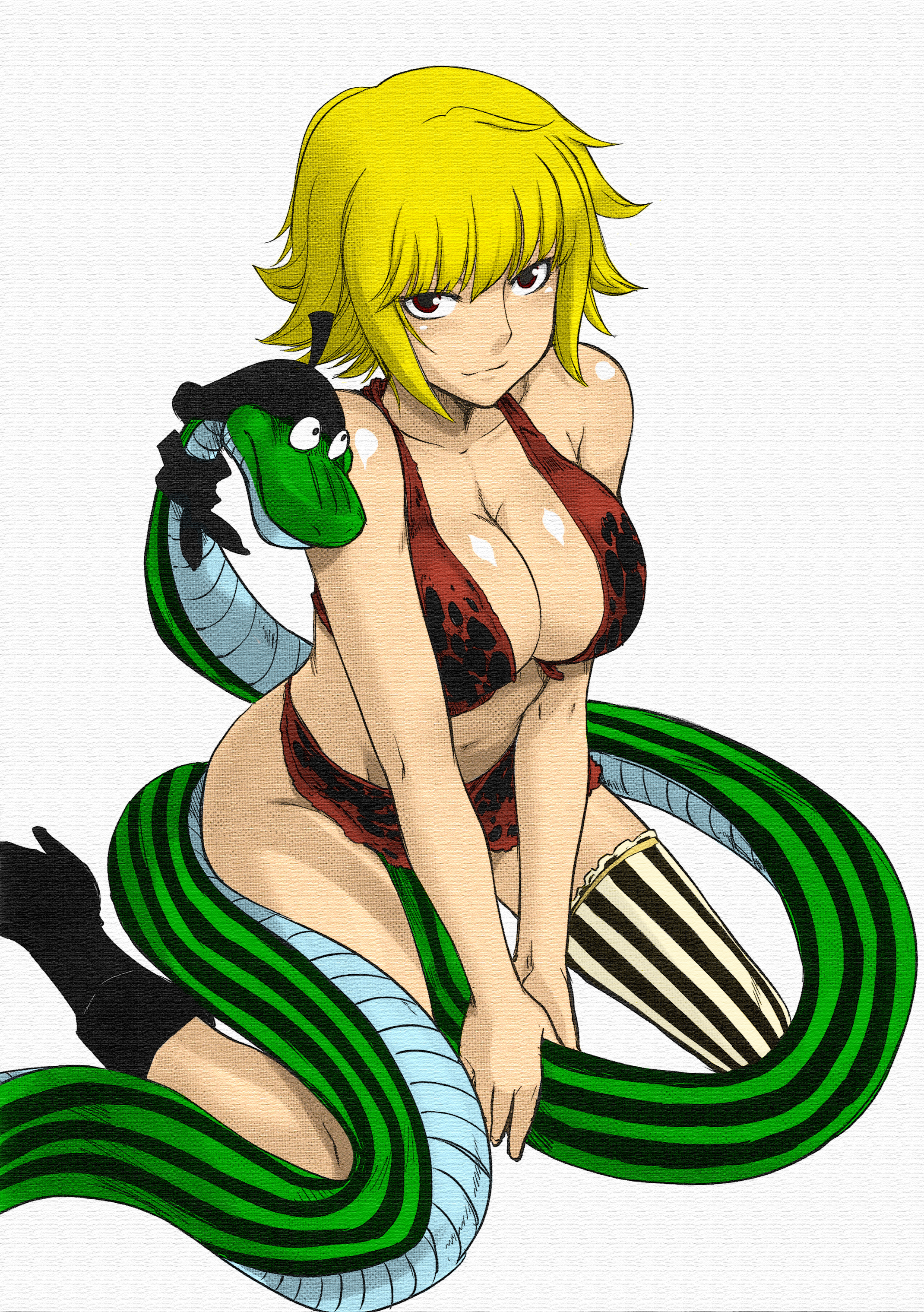 macross katyusha, marguerite (one piece), one piece, absurdres, highres, 1girl, amazon lily, amazon warrior, bikini, blonde hair, female focus, short hair, single thighhigh, sitting, snake, solo, swimsuit, thighhighs