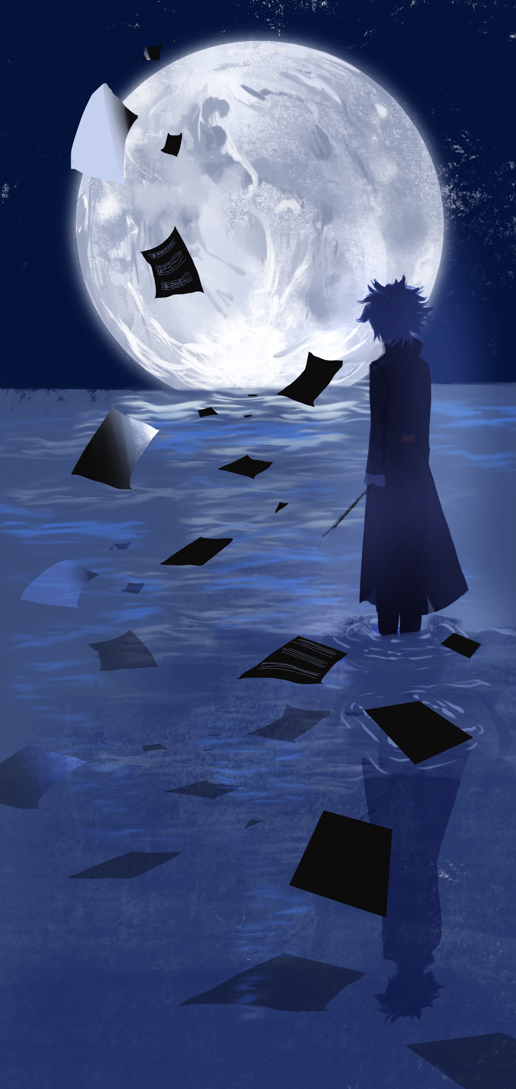 ludwig van beethoven (classicaloid), classicaloid, absurdres, commentary request, highres, black coat, coat, conductor baton, elena519, facing away, full moon, long sleeves, moon, night, ocean, paper, ripples, sheet music, short hair, standing, wading, wide shot