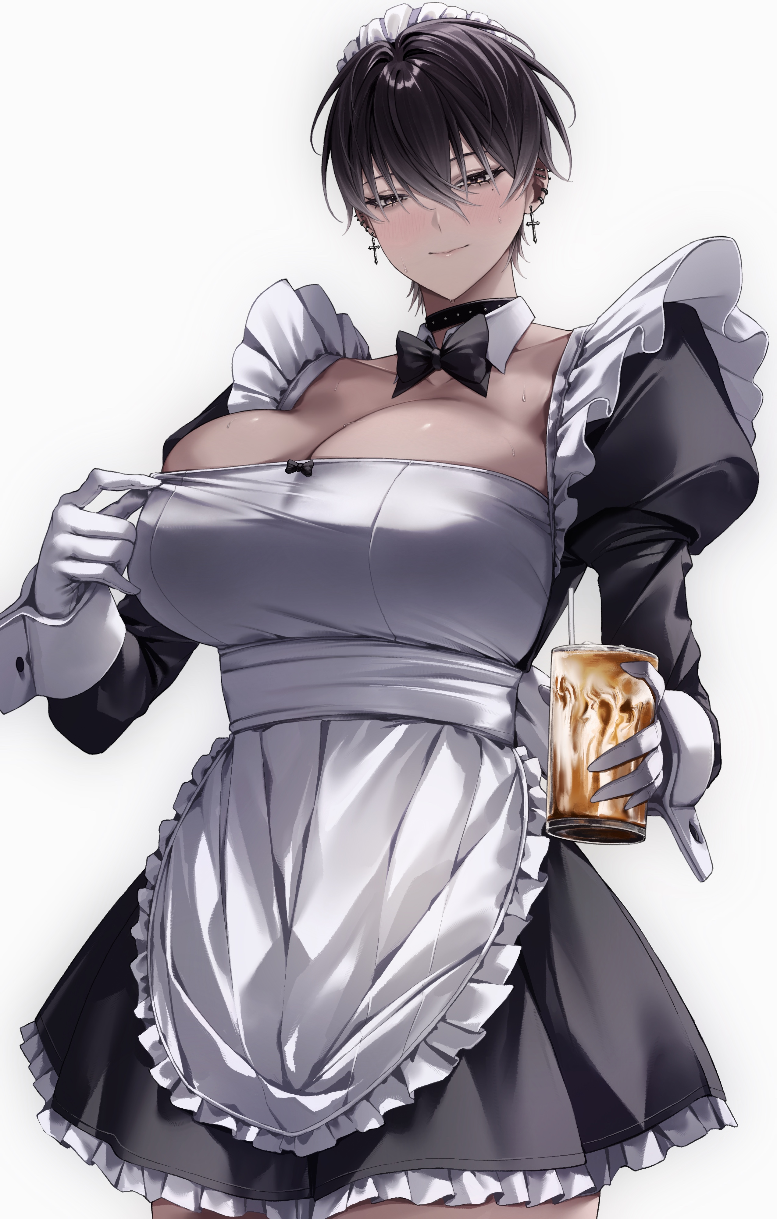 ulularts, may (ulularts), original, absurdres, commentary, english commentary, highres, 1girl, adjusting dress, apron, black bow, black bowtie, black choker, black dress, black hair, blush, bow, bowtie, breasts, brown eyes, choker, closed mouth, coffee, collar, collarbone, cowboy shot, cross, cross earrings, cup, dark-skinned female, dark skin, detached collar, dress, ear piercing, earrings, eyelashes, frilled dress, frills, glass, gloves, hair between eyes, holding, holding cup, jewelry, juliet sleeves, large breasts, light smile, lips, long sleeves, looking down, maid, maid apron, maid headdress, mole, mole under eye, piercing, puffy sleeves, short hair, simple background, solo, studded choker, sweat, tight clothes, tight dress, tomboy, tsurime, white apron, white background, white collar, white gloves, white headdress, white wrist cuffs, wrist cuffs