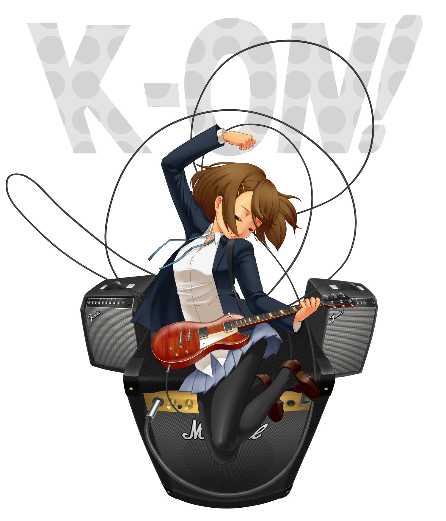rin2008, hirasawa yui, k-on!, marshall, bad id, bad pixiv id, highres, 1girl, amplifier, brown hair, cable, closed eyes, electric guitar, female focus, fender (company), fisheye, gibson les paul, guitar, instrument, jumping, pantyhose, school uniform, short hair, solo, speaker
