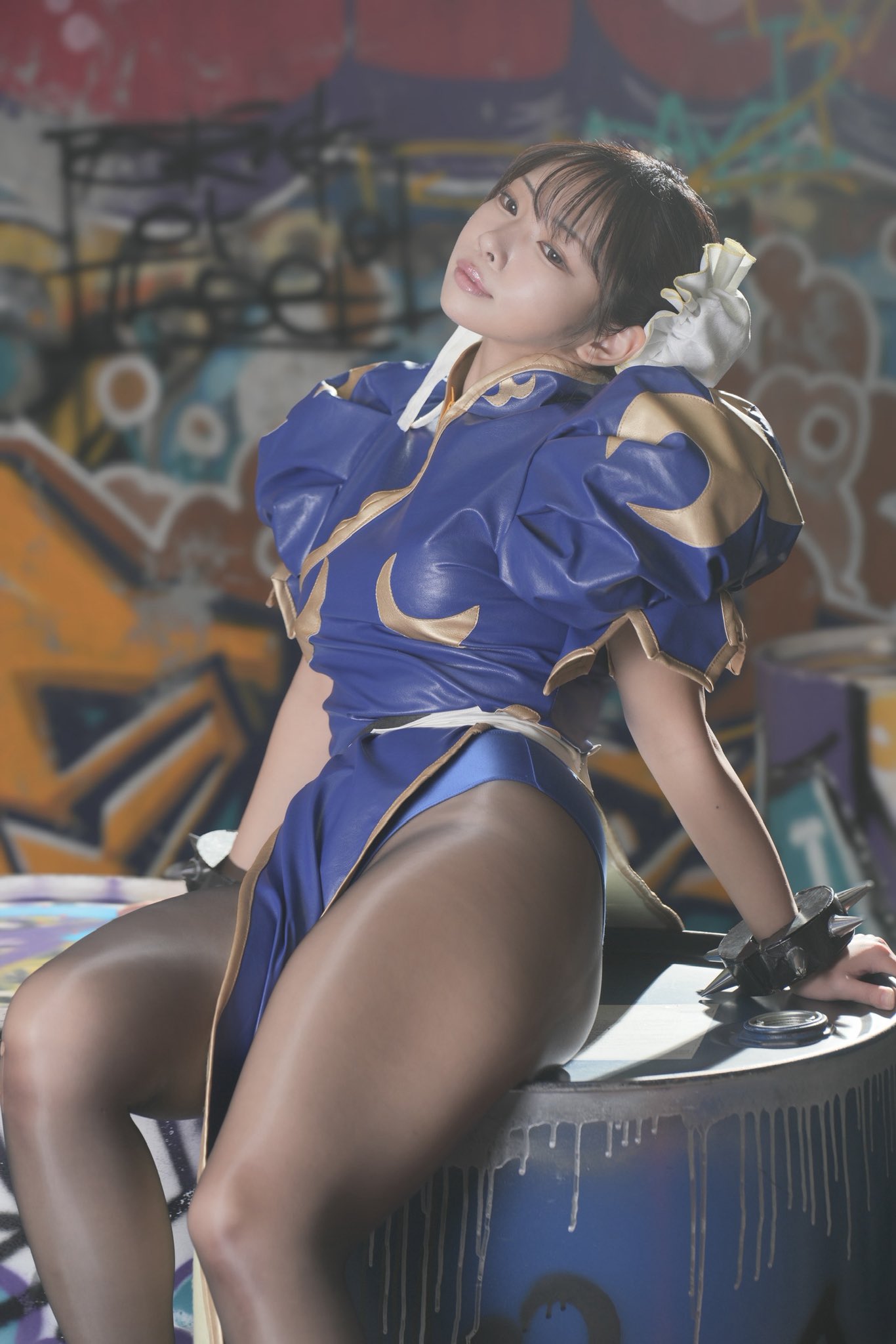 purin cosplay, chun-li, capcom, real life, street fighter, cosplay photo, photo (medium), 1girl, asian, blue dress, brown pantyhose, china dress, chinese clothes, chun-li (cosplay), cosplay, dress, female focus, hair bun, pantyhose, solo, thighs