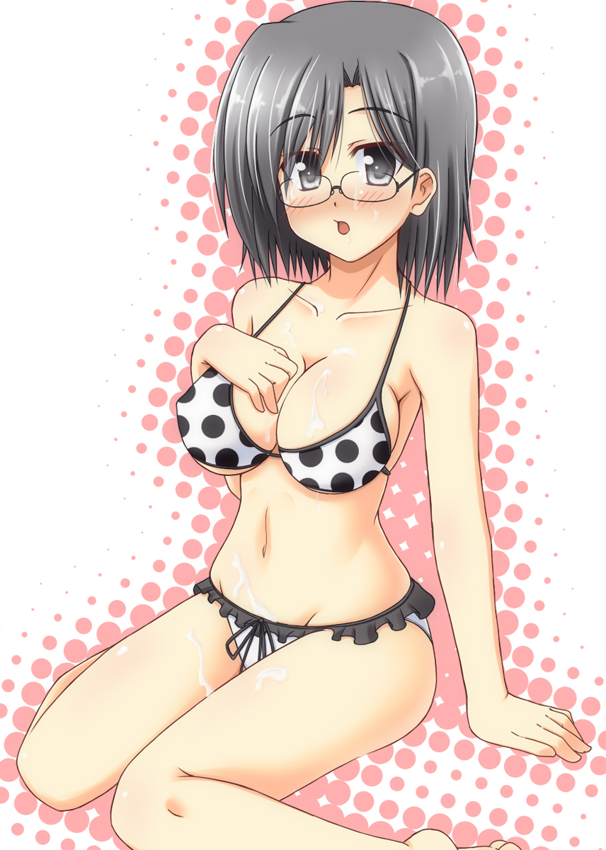 lask, konori mii, toaru kagaku no railgun, toaru majutsu no index, highres, 1girl, bikini, black eyes, black hair, breasts, female focus, frills, glasses, large breasts, milk, polka dot, polka dot bikini, polka dot swimsuit, short hair, solo, swimsuit