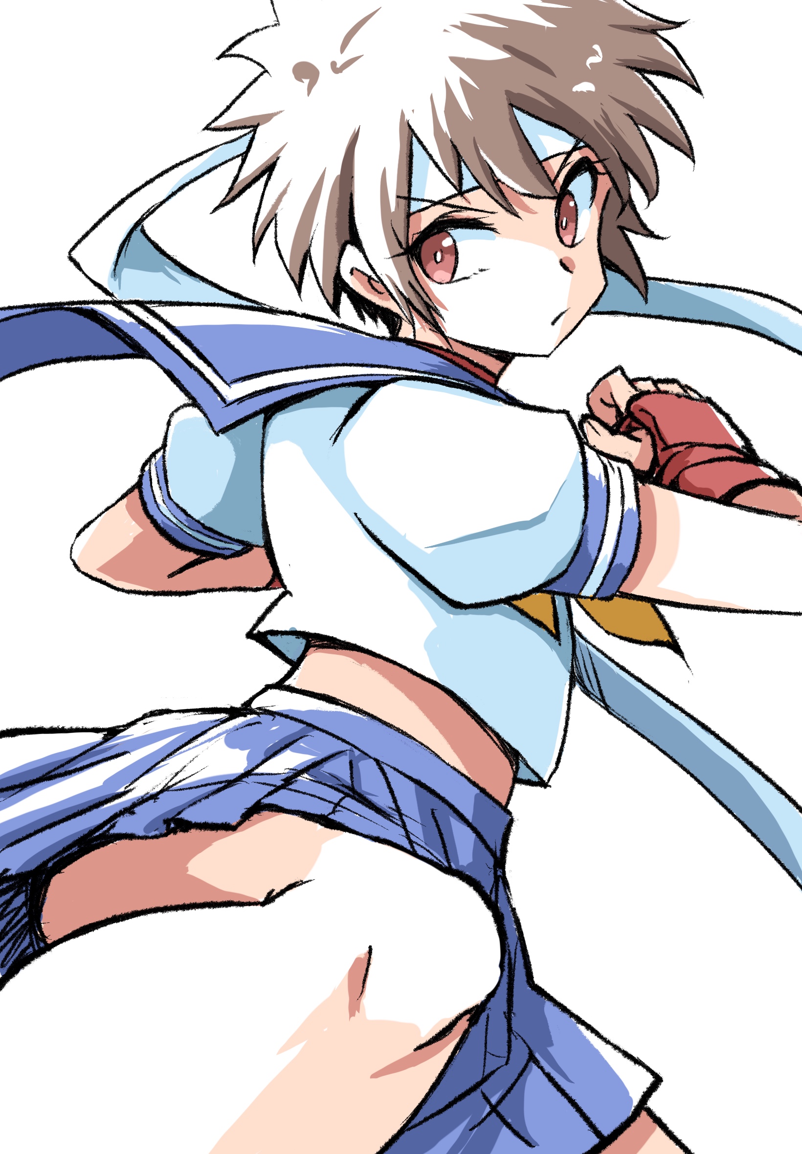 ikaringo (ikaringo4444), kasugano sakura, capcom, street fighter, street fighter zero (series), 1girl, blue sailor collar, blue skirt, brown eyes, brown hair, closed mouth, female focus, fingerless gloves, gloves, matching hair/eyes, neckerchief, red gloves, sailor collar, school uniform, serafuku, simple background, skirt, solo, thighs, white background, yellow neckerchief