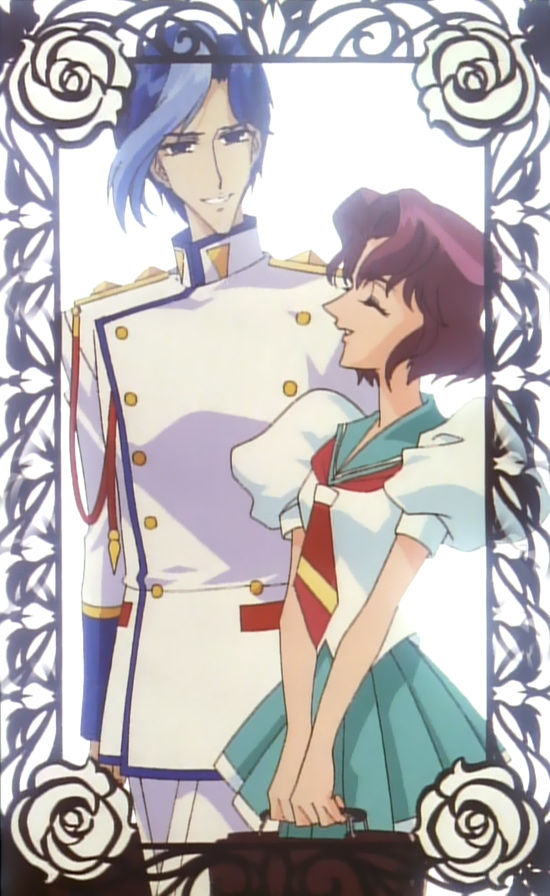 takatsuki shiori, tsuchiya ruka, shoujo kakumei utena, screencap, 1990s (style), bag, blue hair, flower, rose, school bag, school uniform