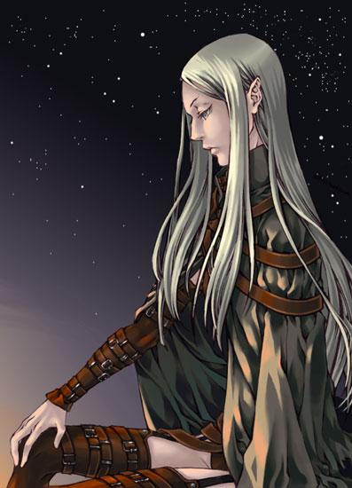 hachi-wa, irene, claymore (series), silver hair, 1girl, amputee, blonde hair, boots, cloak, female focus, frown, grey eyes, hand on own knee, long hair, looking down, night, pointy ears, sky, solo, star (sky), starry sky, strap, sunset, thigh boots, thighhighs