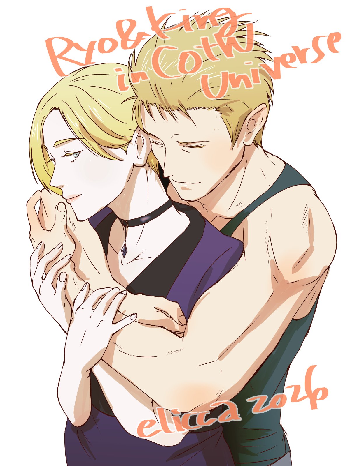 elicca, king (snk), ryou sakazaki, fatal fury, fatal fury: city of the wolves, ryuuko no ken, snk, 1boy, 1girl, artist name, bare shoulders, blonde hair, blue eyes, character name, closed eyes, closed mouth, hetero, hug, jewelry, muscular, muscular male, necklace