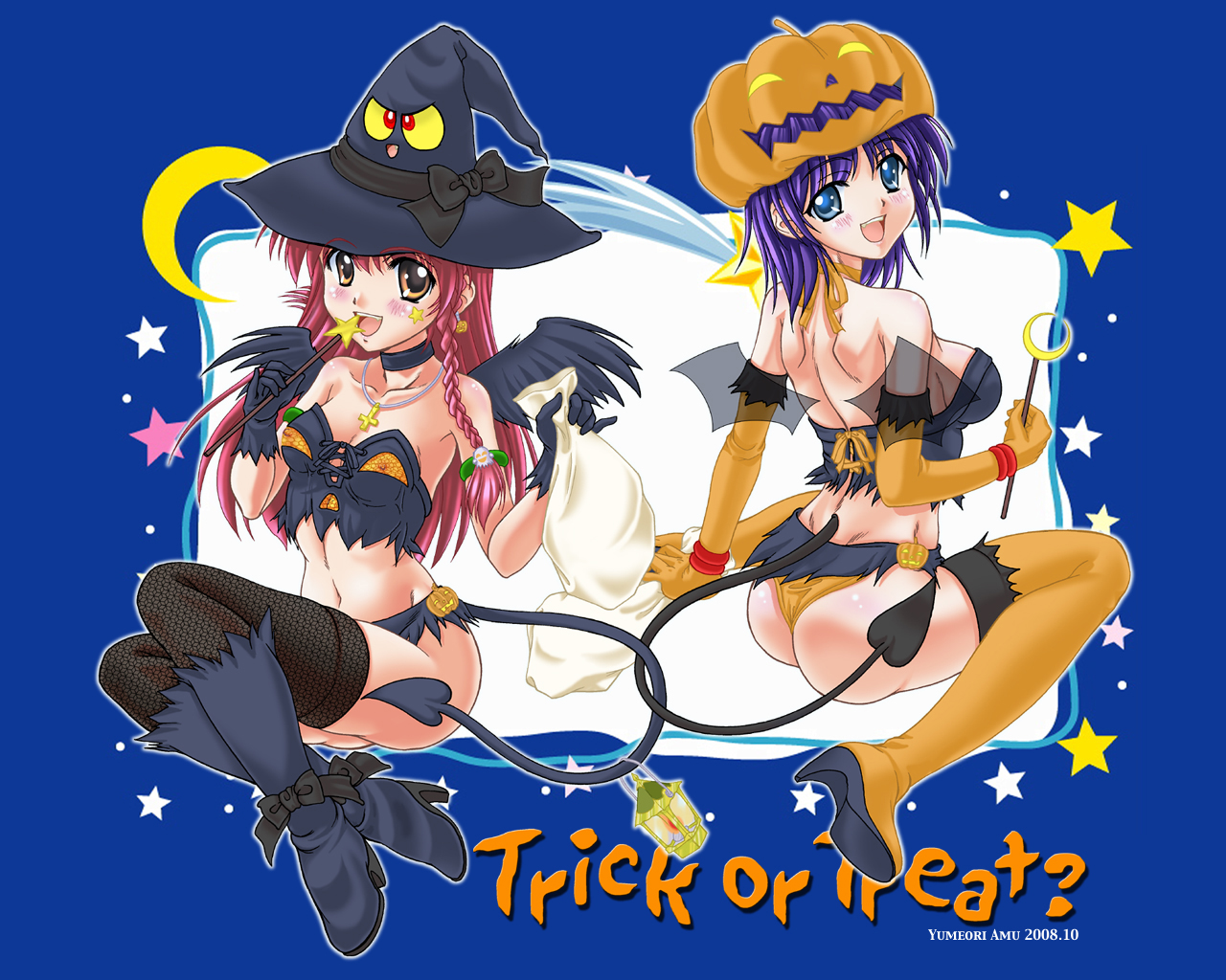 yumeori amu, original, 00s, 2008, 2girls, ass, back-to-back, bag, bat wings, blue background, blue eyes, blue hair, braid, elbow gloves, gloves, halloween, hat, jack-o'-lantern, long hair, multiple girls, orange eyes, pumpkin, pumpkin hat, red hair, short hair, tail, thighhighs, trick or treat, twin braids, wings, witch hat