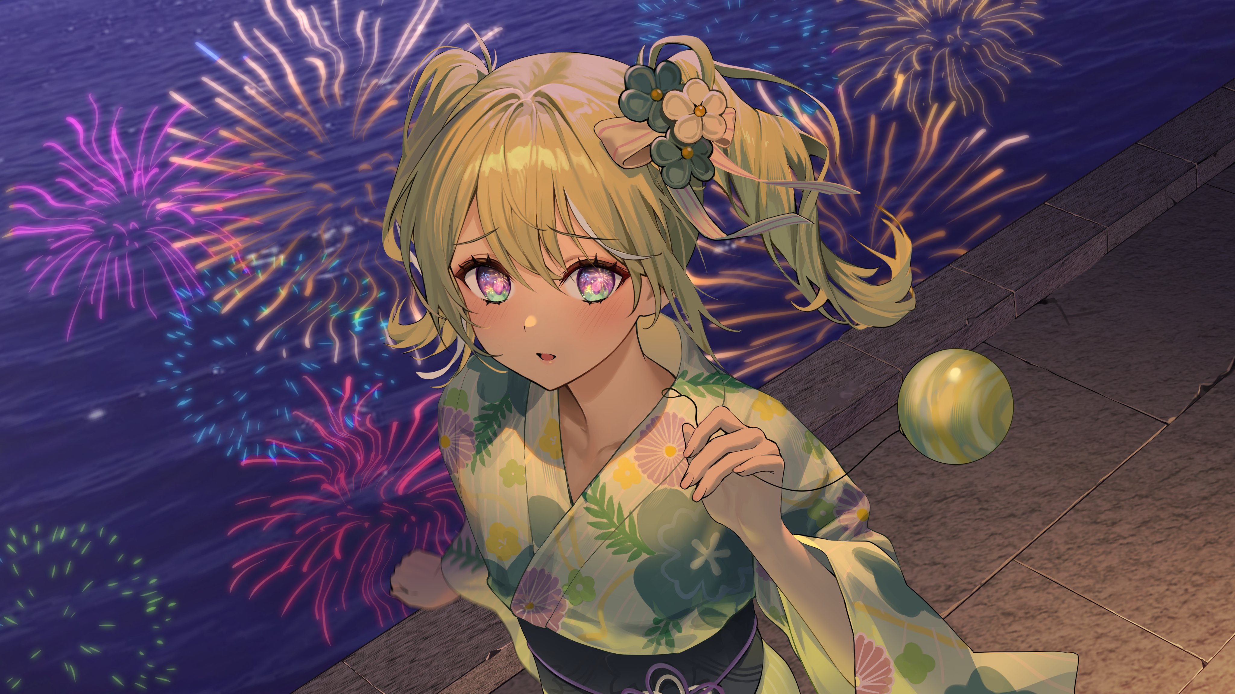 ayoni 623, yuzuha riko, stellive, absurdres, commentary request, highres, korean commentary, 1girl, ball, black sash, blue eyes, collarbone, eye reflection, fireworks, flower, gradient eyes, green flower, green hair, hair flower, hair ornament, japanese clothes, kimono, multicolored eyes, multicolored hair, night, obi, print kimono, purple eyes, reflection, reflective liquid, sash, solo, streaked hair, twintails, virtual youtuber, water, white flower, white hair, yukata