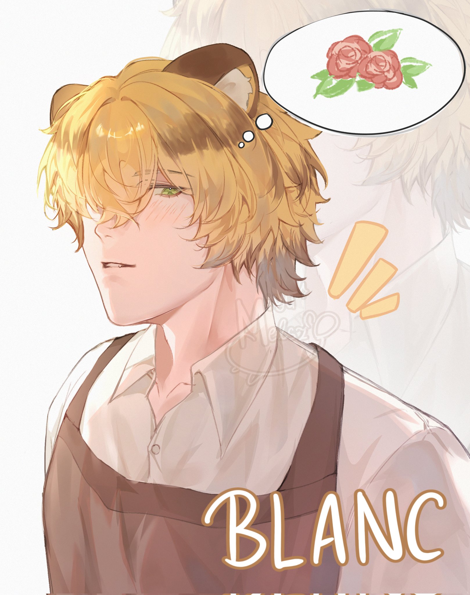 commentary, corrupted twitter file, highres, 1boy, ^^^, animal ear fluff, animal ears, apron, blanc (heartopia), blonde hair, blush, brown hair, character name, collared shirt, flower, green eyes, hair over one eye, heartopia, looking at viewer, male focus, messy hair, miyuelsz, multicolored hair, portrait, red flower, red rose, rose, shirt, signature, solo, speech bubble, thought bubble, tiger boy, tiger ears, two-tone hair, zoom layer
