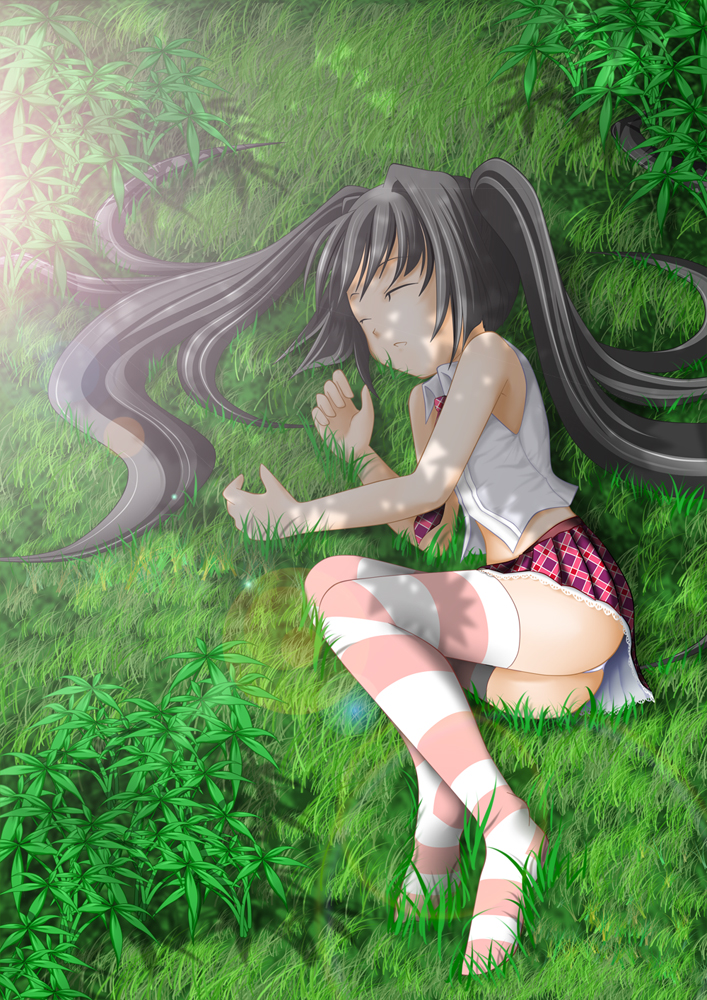 barokkusu, kooh (pangya), pangya, 1girl, black hair, closed eyes, dappled sunlight, female focus, grass, lens flare, long hair, panties, pantyshot, sleeping, solo, striped clothes, striped thighhighs, sunlight, thighhighs, twintails, underwear, very long hair