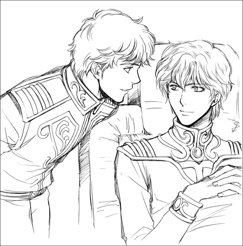 ruru (ultimatepowers.info.), reinhard von lohengramm, siegfried kircheis, ginga eiyuu densetsu, lowres, 2boys, from side, greyscale, male focus, military, military uniform, monochrome, multiple boys, own hands clasped, own hands together, sitting, upper body, white background